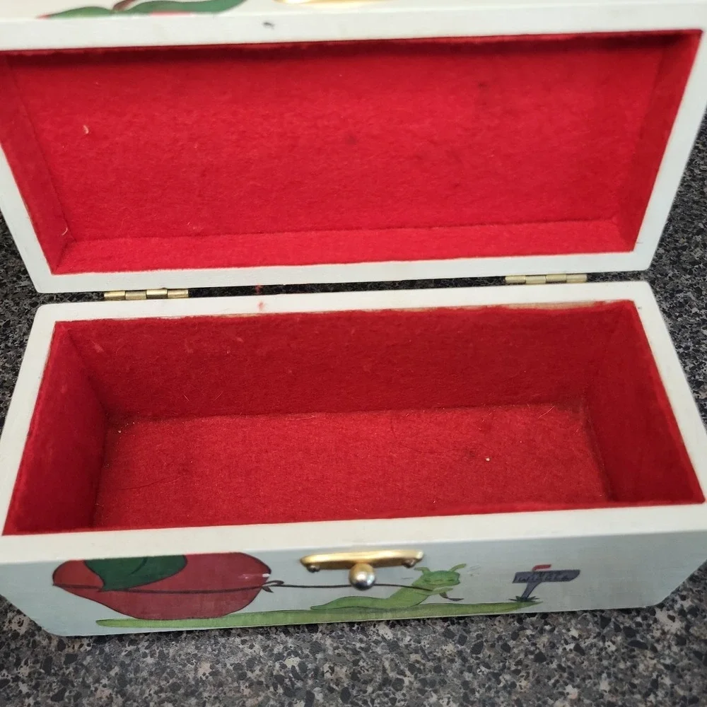 VINTAGE Hand Painted Wooden Purse Box Whimsical Caterpillar Apple Folk Art